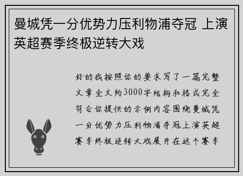 曼城凭一分优势力压利物浦夺冠 上演英超赛季终极逆转大戏